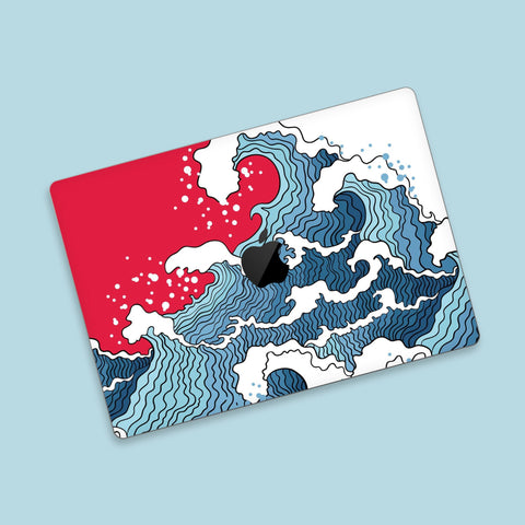 Traditional Japanese Wave and Red Sky MacBook Pro M Chip Skin, Aesthetically Pleasing and Protective, MacBook Air Cover